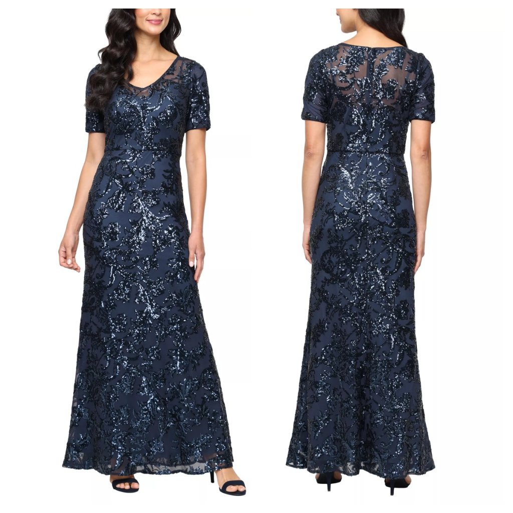 Alex Evenings Sequin Gown In Deep Ocean